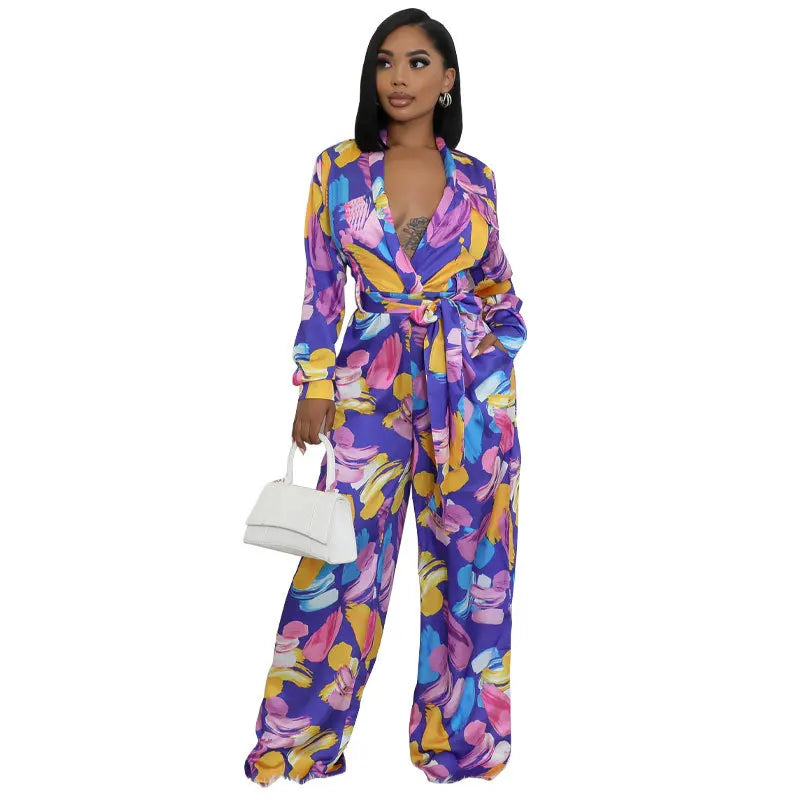 Women Jumpsuits For Autumn Long Sleeve Print Flower Loose Fashion Streetwear Overalls Wide Leg Pants Trousers 2025 Spring