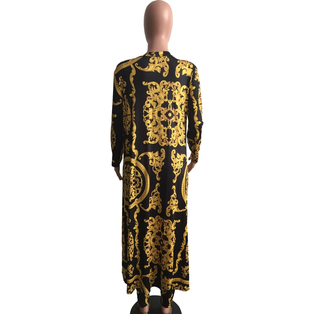 Women Tracksuit Fashion Sexy Long Sleeve X-long National Print Trench Coat Skinny Leggings 2 Piece Sets Suits Outfits