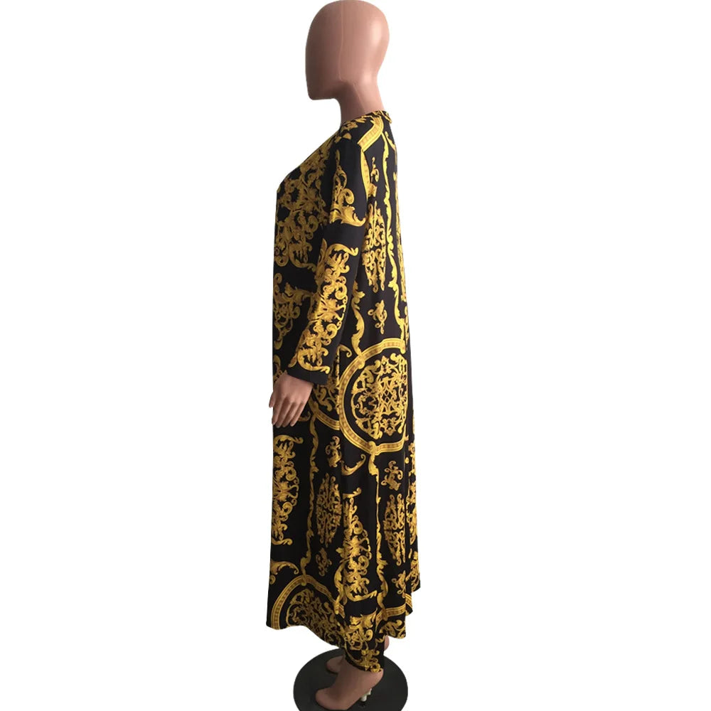 Women Tracksuit Fashion Sexy Long Sleeve X-long National Print Trench Coat Skinny Leggings 2 Piece Sets Suits Outfits