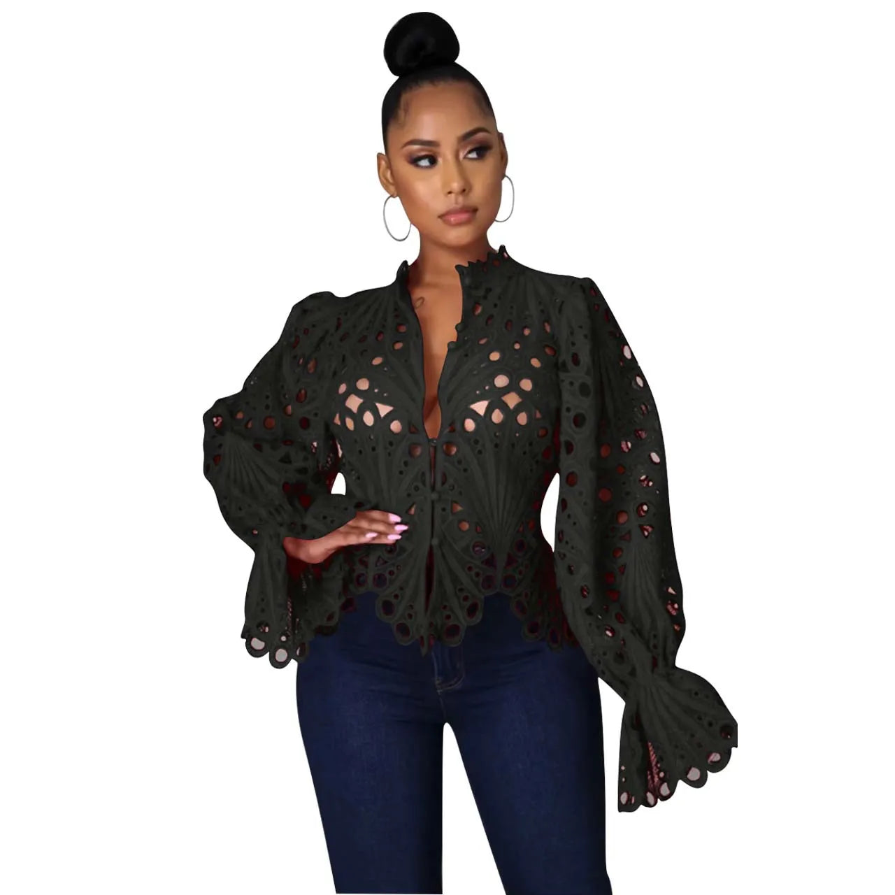Elegant Long Sleeve Hollow Out Mesh Lace Shirt Sheer See Through Top Blouse Clothing Dashiki African Shirts For Women