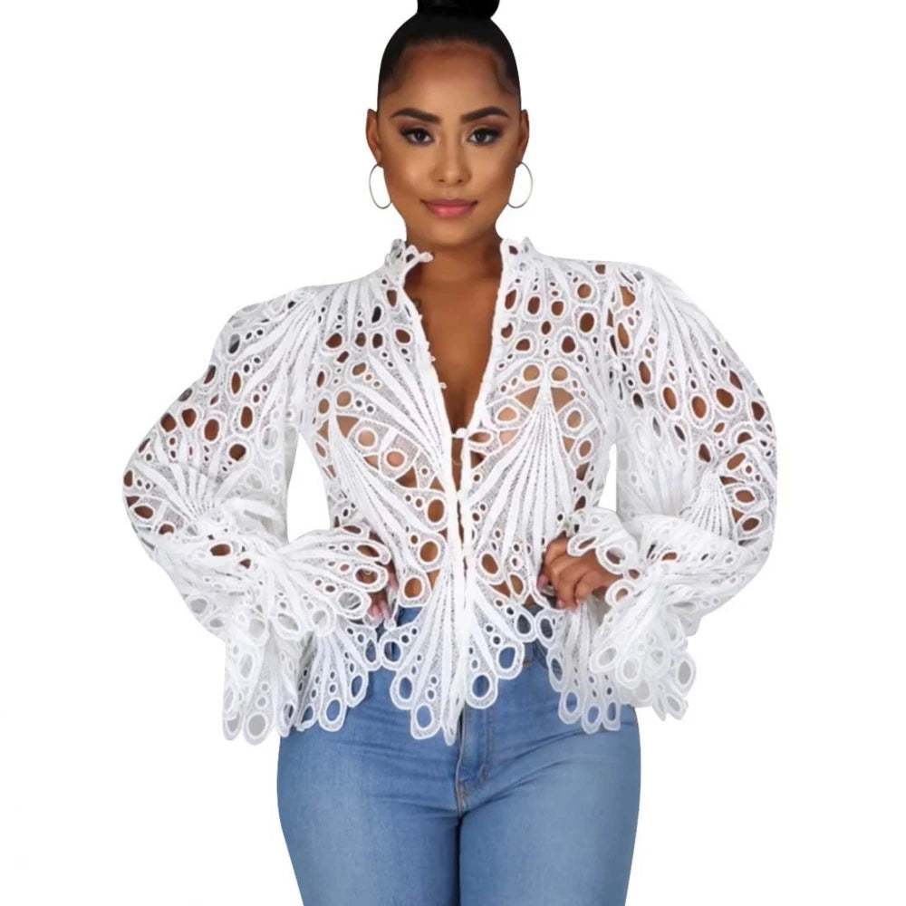 Elegant Long Sleeve Hollow Out Mesh Lace Shirt Sheer See Through Top Blouse Clothing Dashiki African Shirts For Women