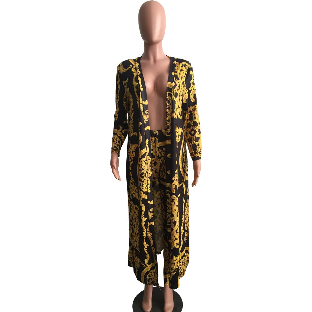 Women Tracksuit Fashion Sexy Long Sleeve X-long National Print Trench Coat Skinny Leggings 2 Piece Sets Suits Outfits