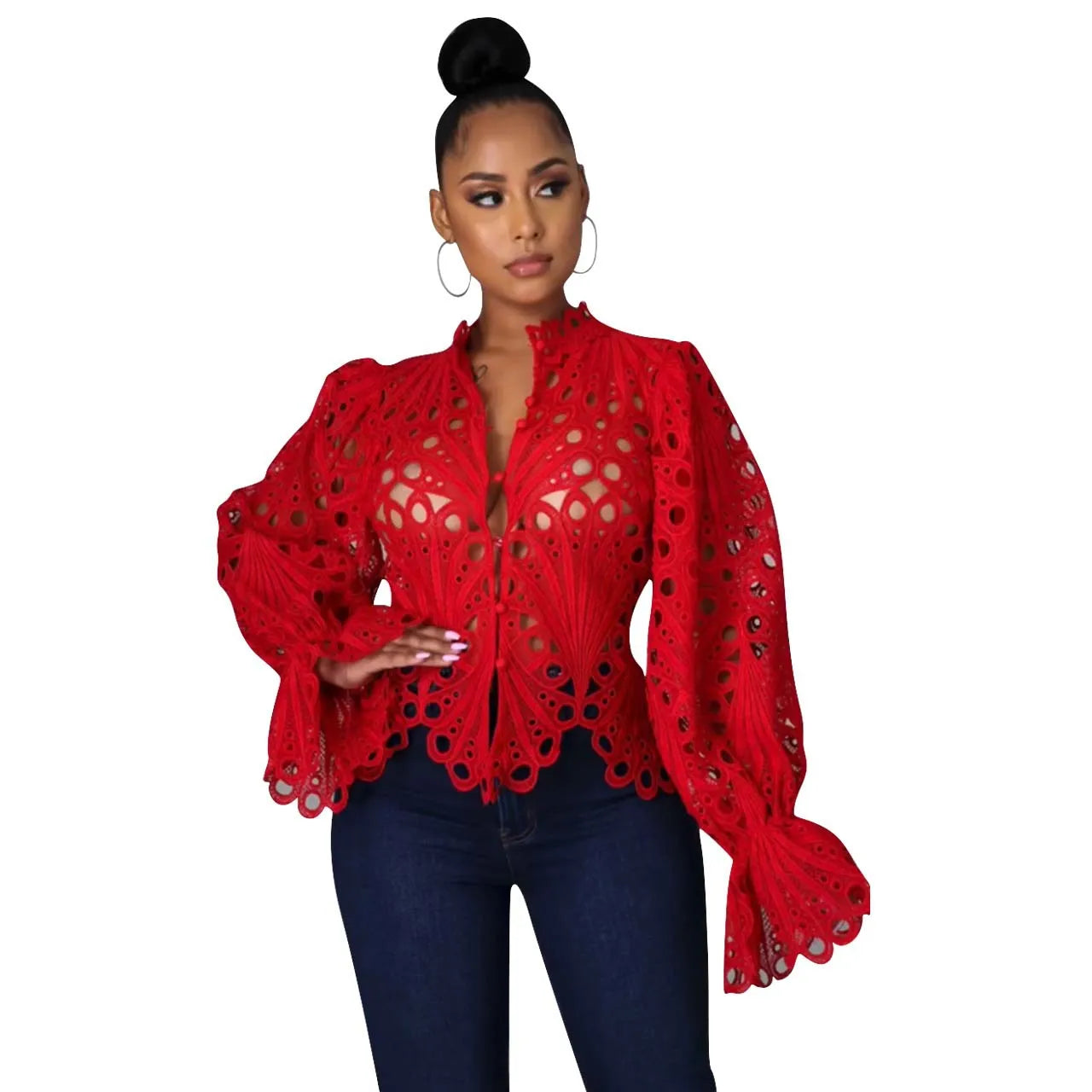 Elegant Long Sleeve Hollow Out Mesh Lace Shirt Sheer See Through Top Blouse Clothing Dashiki African Shirts For Women