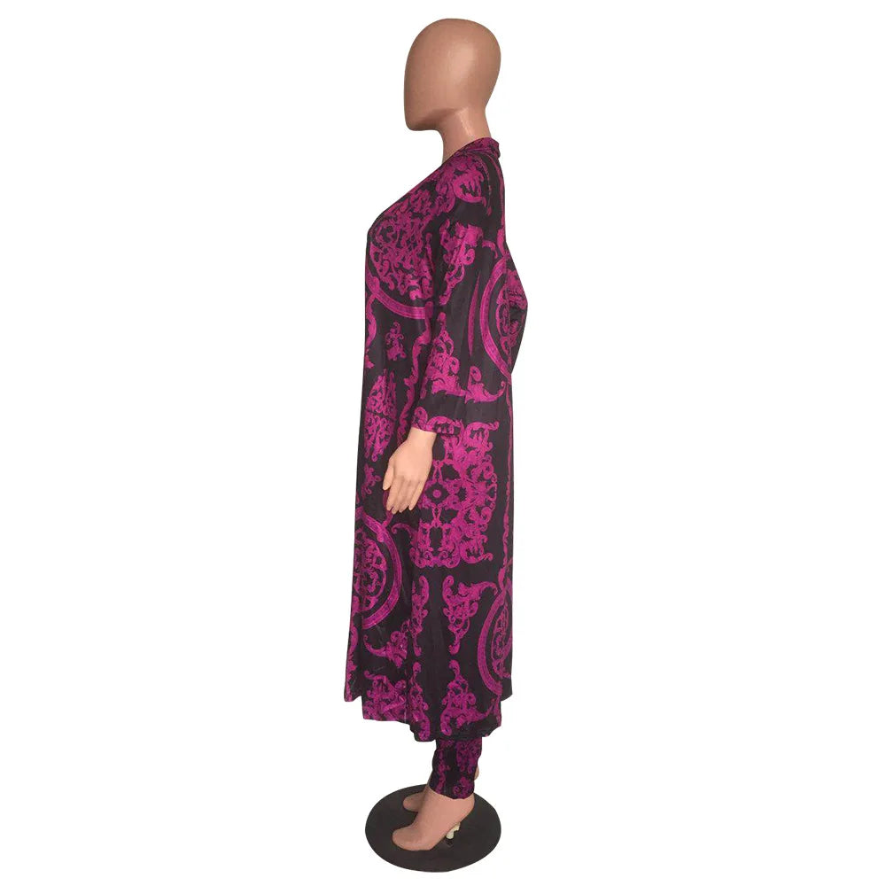 Women Tracksuit Fashion Sexy Long Sleeve X-long National Print Trench Coat Skinny Leggings 2 Piece Sets Suits Outfits