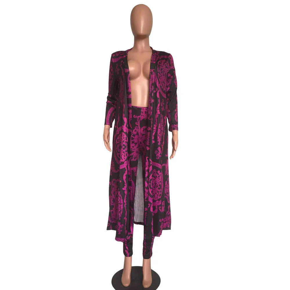Women Tracksuit Fashion Sexy Long Sleeve X-long National Print Trench Coat Skinny Leggings 2 Piece Sets Suits Outfits