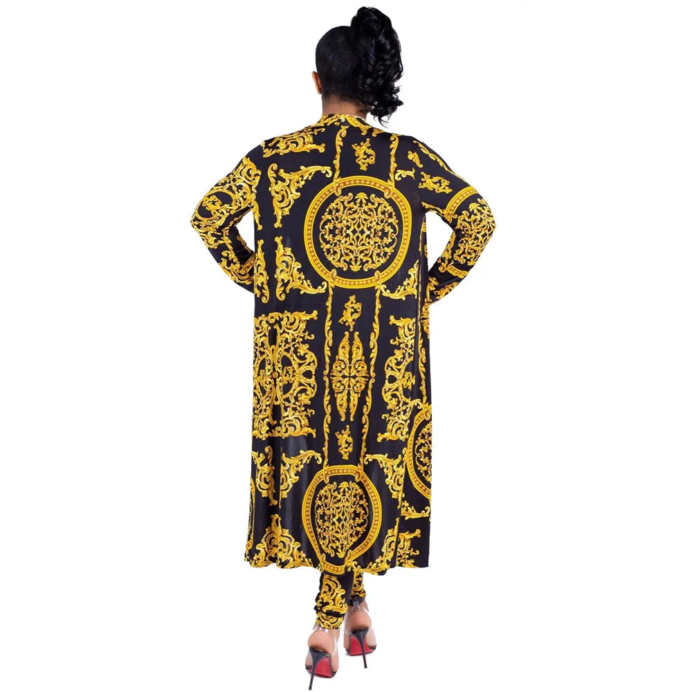 Women Tracksuit Fashion Sexy Long Sleeve X-long National Print Trench Coat Skinny Leggings 2 Piece Sets Suits Outfits