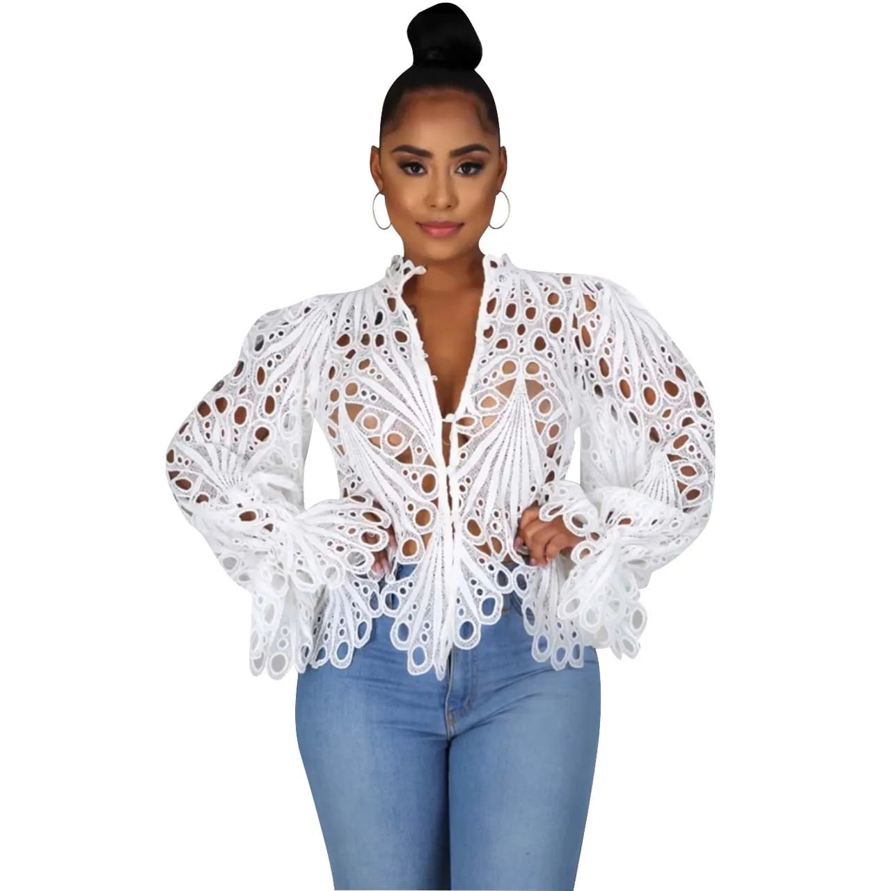Elegant Long Sleeve Hollow Out Mesh Lace Shirt Sheer See Through Top Blouse Clothing Dashiki African Shirts For Women