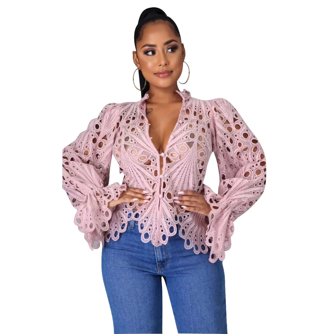 Elegant Long Sleeve Hollow Out Mesh Lace Shirt Sheer See Through Top Blouse Clothing Dashiki African Shirts For Women