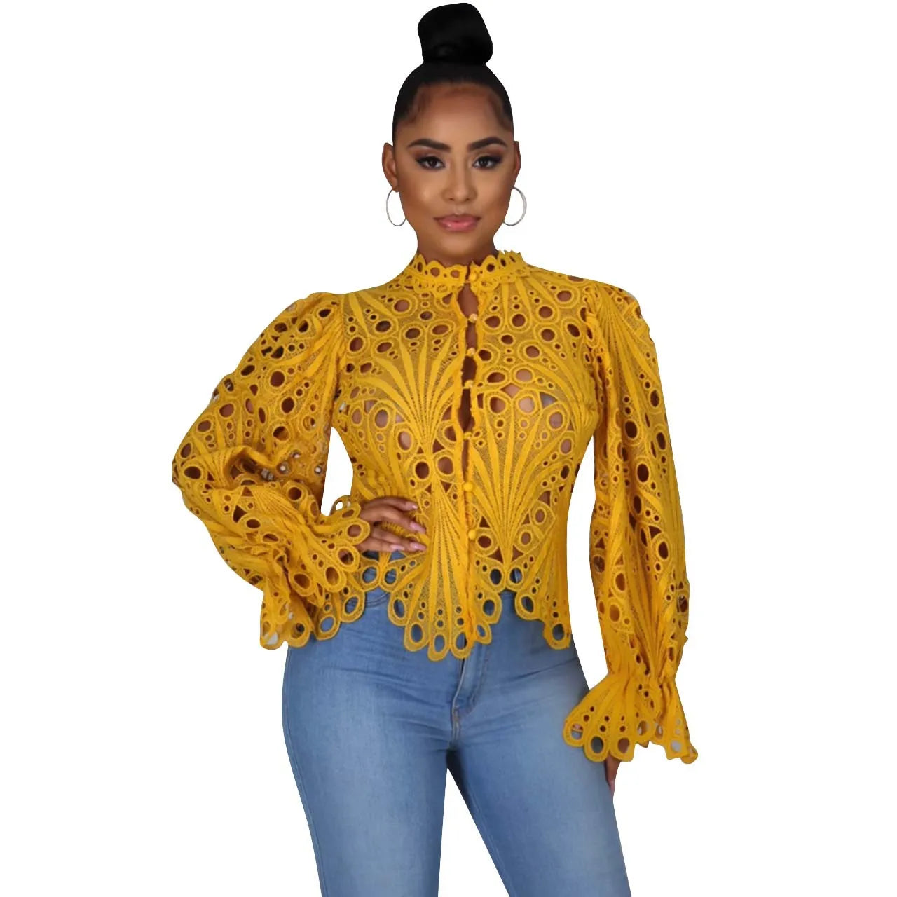 Elegant Long Sleeve Hollow Out Mesh Lace Shirt Sheer See Through Top Blouse Clothing Dashiki African Shirts For Women