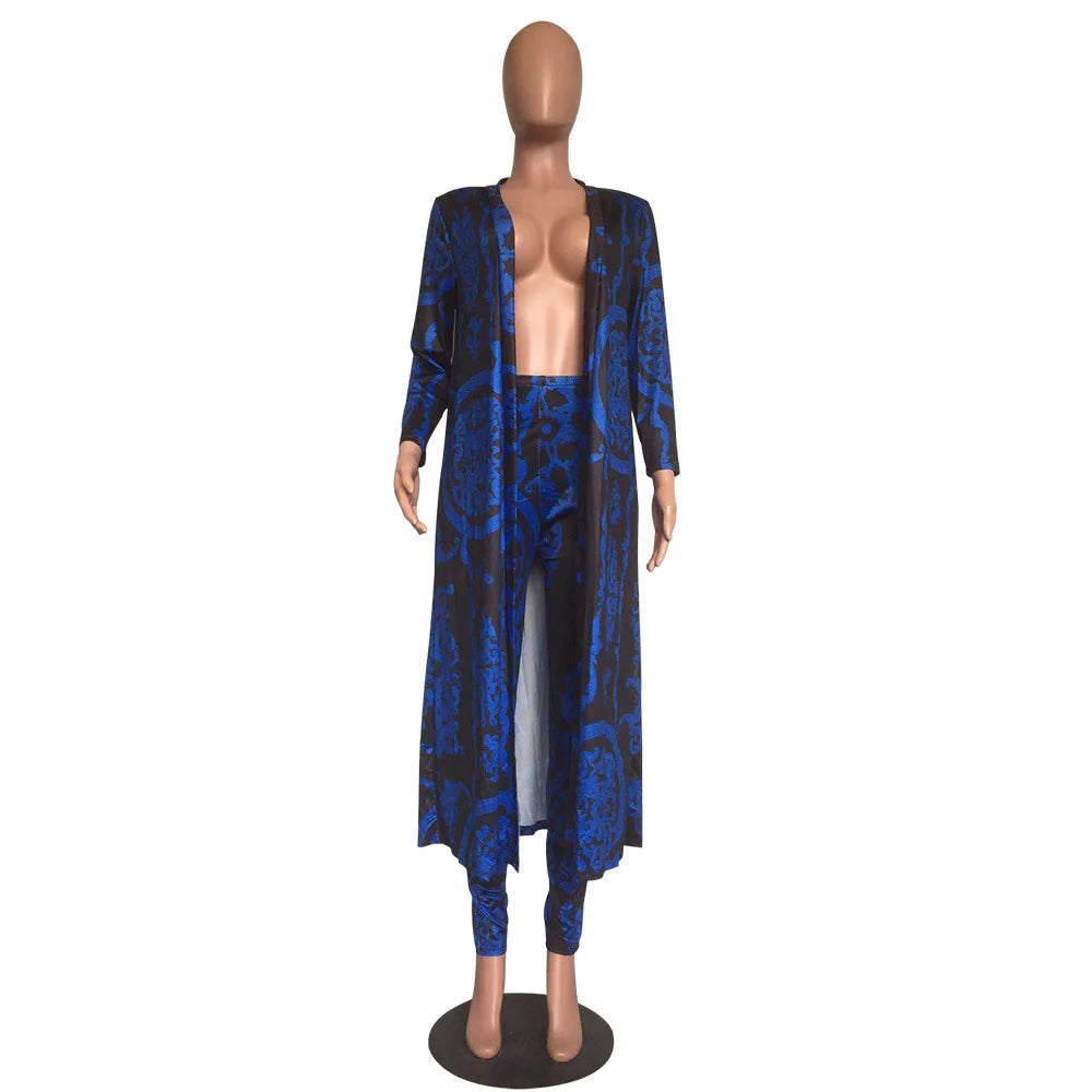 Women Tracksuit Fashion Sexy Long Sleeve X-long National Print Trench Coat Skinny Leggings 2 Piece Sets Suits Outfits