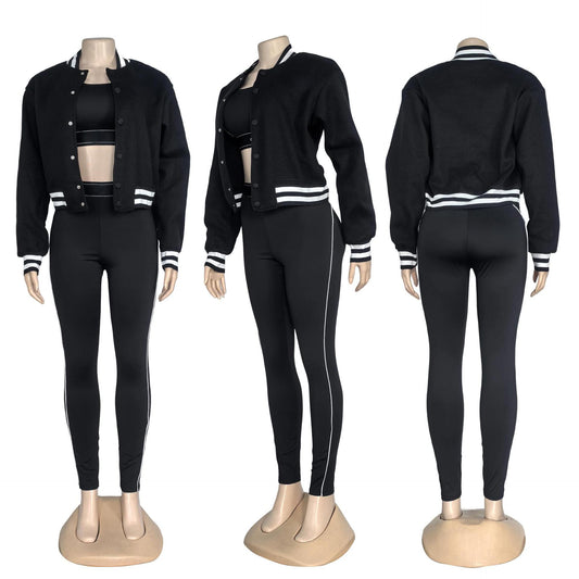 Conjuntos de 3 piezas para mujer, novedad de 2026, ropa deportiva con una sola botonadura, chaqueta de manga larga, sujetador y leggings de yoga, trajes, ropa. 