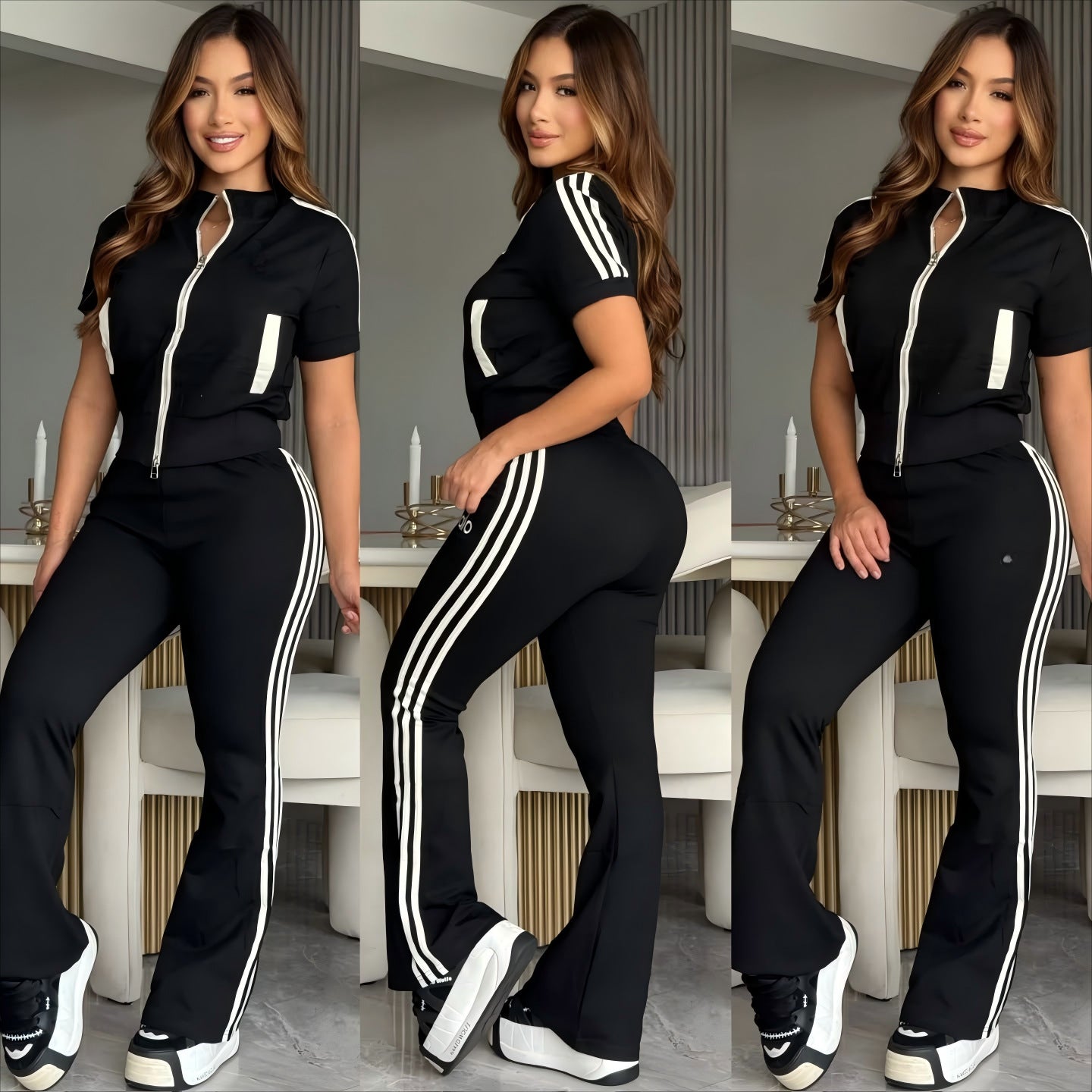 2 Piece Women Sets New Arrival Striped Print Matching Sets Short Sleeve Zipper Top And Pants Suits Tracksuit Outfits Clothing