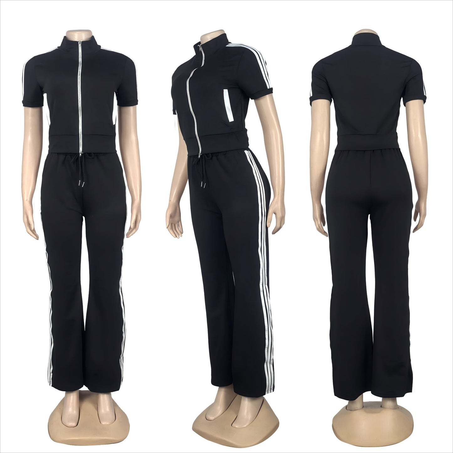 2 Piece Women Sets New Arrival Striped Print Matching Sets Short Sleeve Zipper Top And Pants Suits Tracksuit Outfits Clothing