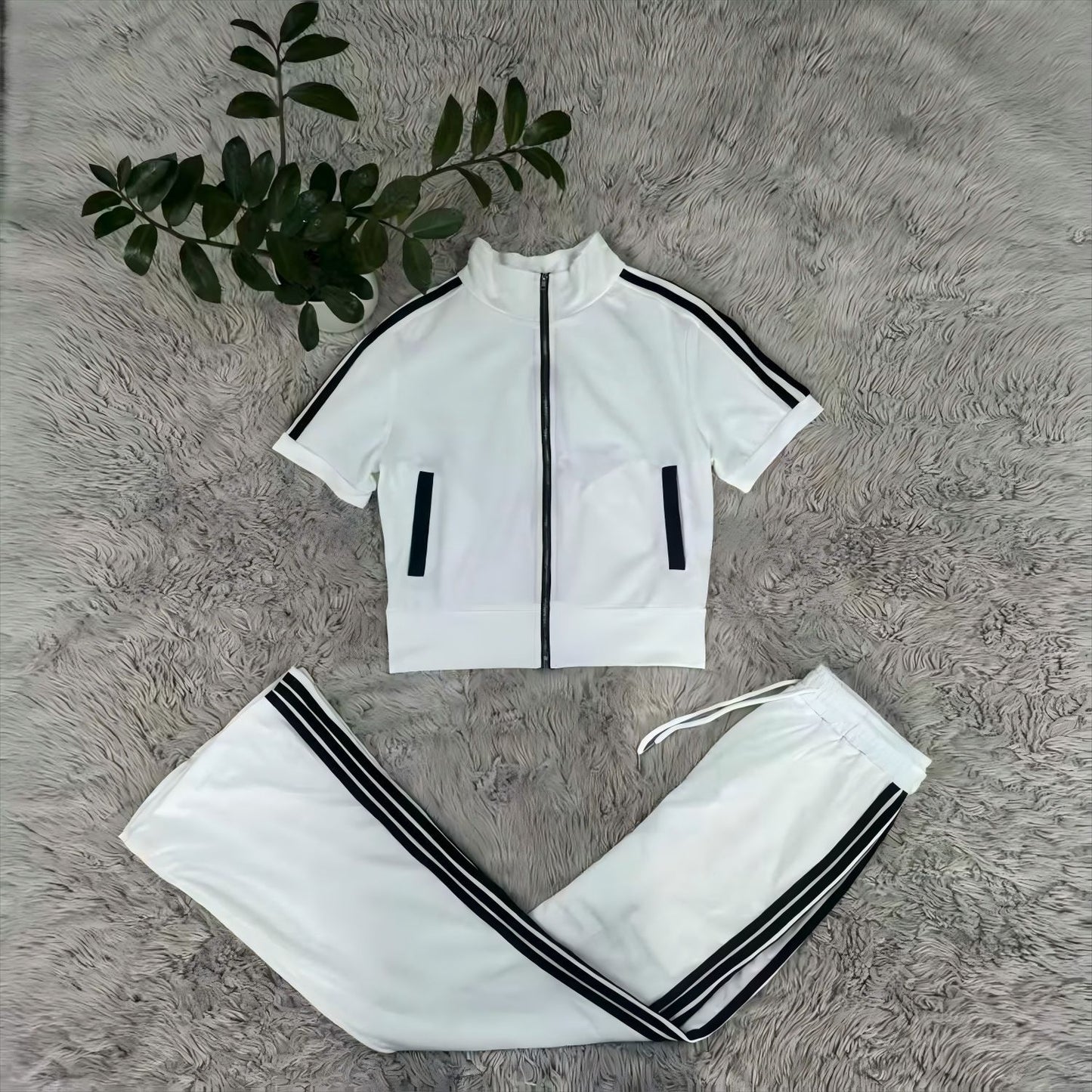 2 Piece Women Sets New Arrival Striped Print Matching Sets Short Sleeve Zipper Top And Pants Suits Tracksuit Outfits Clothing