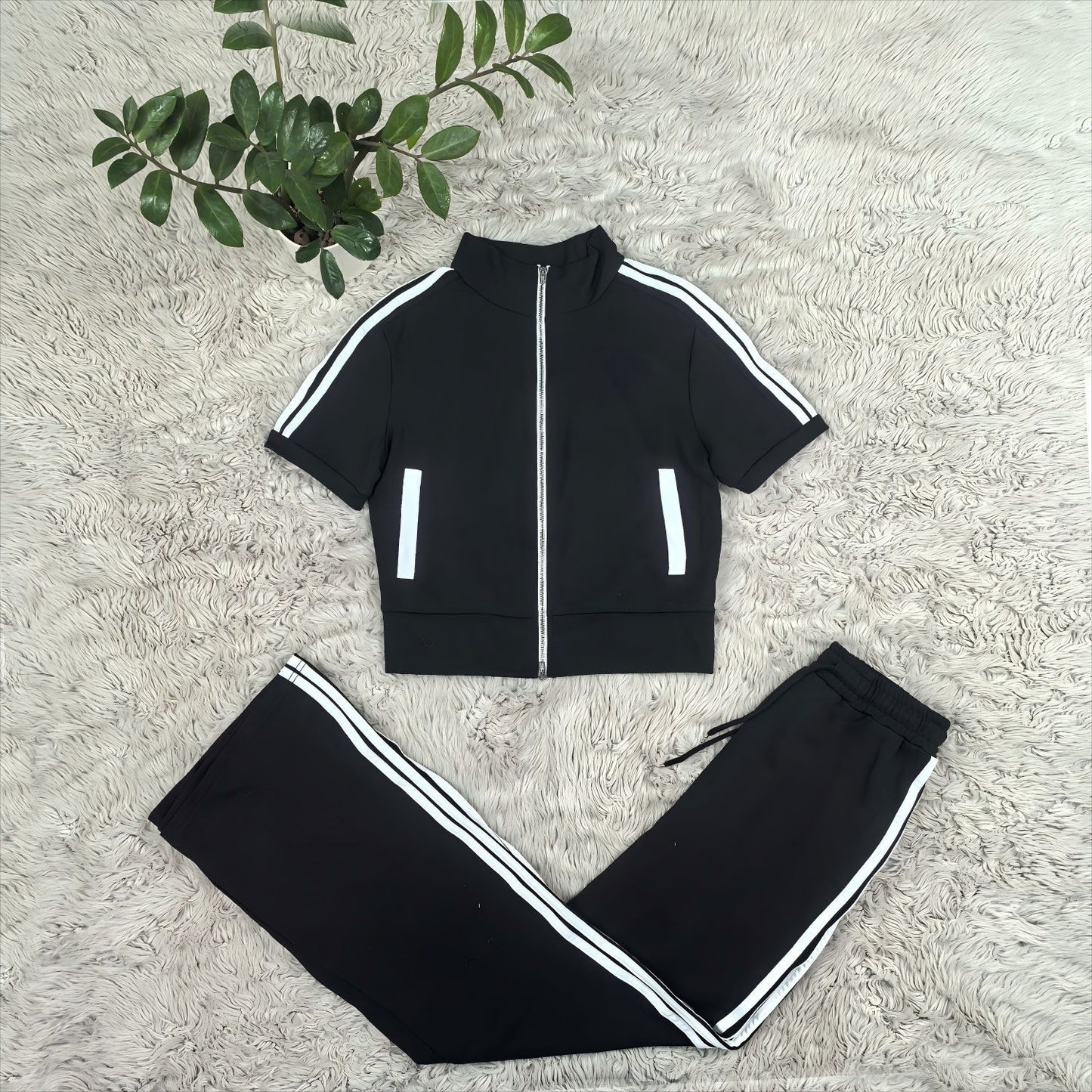 2 Piece Women Sets New Arrival Striped Print Matching Sets Short Sleeve Zipper Top And Pants Suits Tracksuit Outfits Clothing