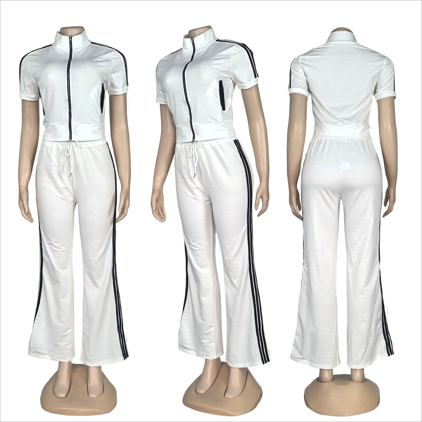 2 Piece Women Sets New Arrival Striped Print Matching Sets Short Sleeve Zipper Top And Pants Suits Tracksuit Outfits Clothing