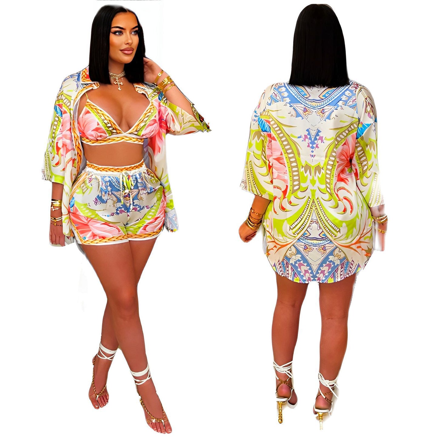 3 Pieces Set Sexy 2025 Summer Spring Fashion Women Set Female Stripe 3/4 Sleeve Shirt Tops And Shorts Suit Matching Outfit