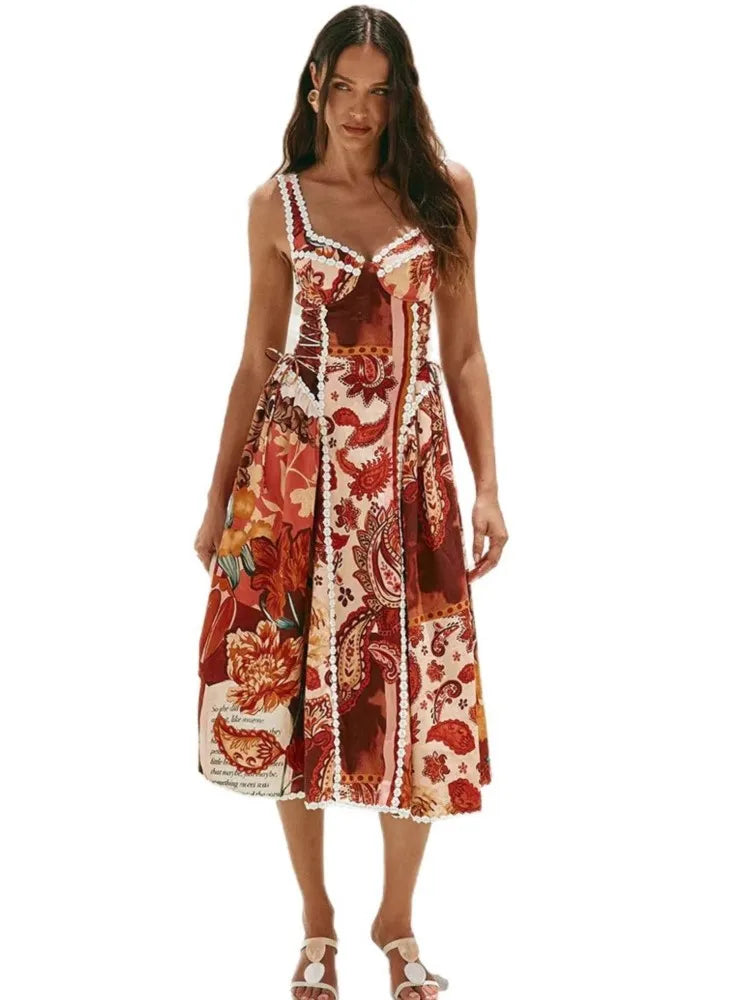 Women Spaghetti Strap Bohemian Beach Style Maxi Dress 2026 Spring Summer Trend Backless Waistband Hem Vacation Party Dresses