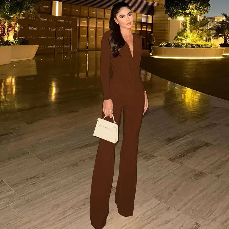 Solid Women Jumpsuits For Autumn Winter Long Sleeve V-Neck Loose Fashion Streetwear Overalls Wide Leg Pants Trousers 2025