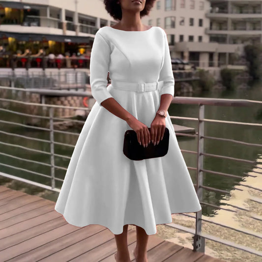 Women Spring Dress Ladies Casual Plus Size Slim Office Dress Retro Elegant O-Neck High Waist White 3/4 Sleeve Party Dress