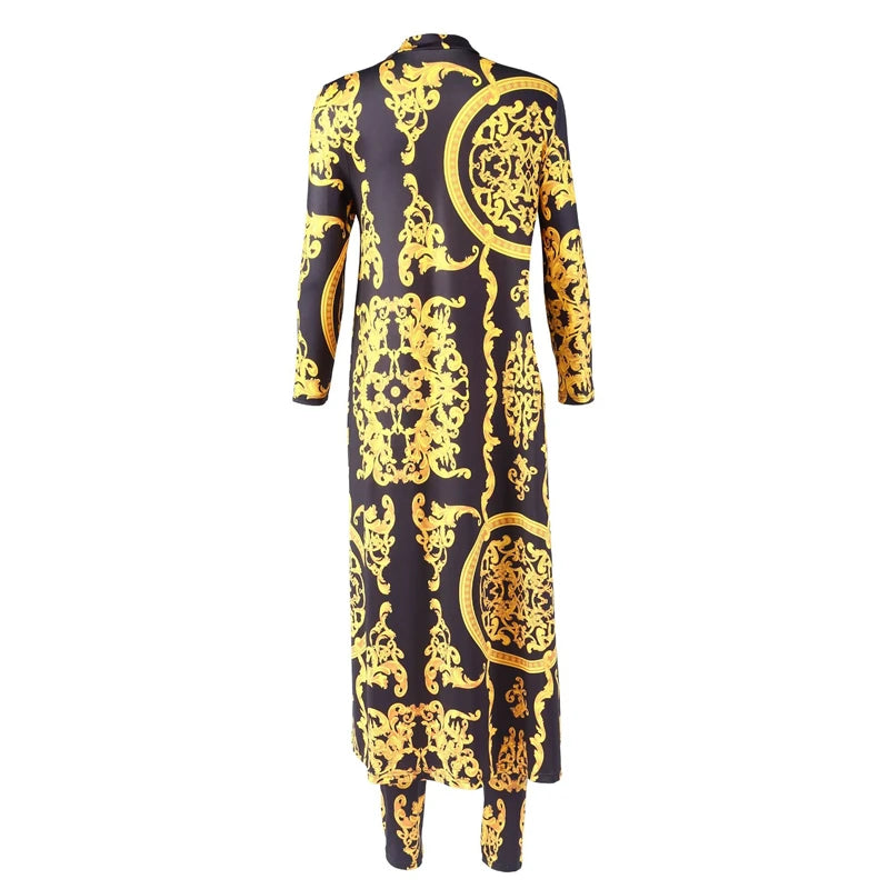 Women Tracksuit Fashion Sexy Long Sleeve X-long National Print Trench Coat Skinny Leggings 2 Piece Sets Suits Outfits