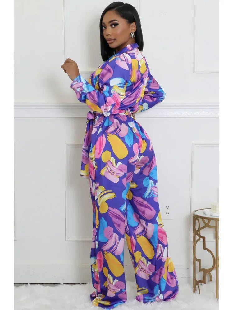 Women Jumpsuits For Autumn Long Sleeve Print Flower Loose Fashion Streetwear Overalls Wide Leg Pants Trousers 2025 Spring