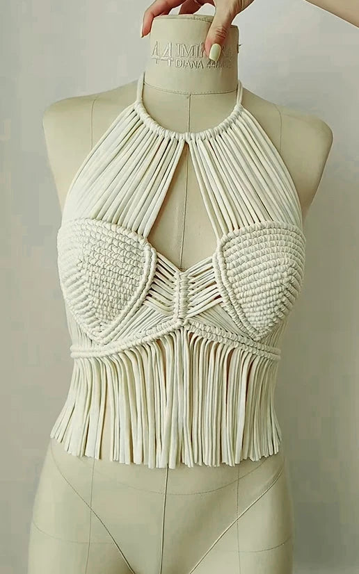 Women's Boho Fringe Backless Halter Tie Neck Underwear Outerwear with Neck Hanging Embroidery Tassel Suspender Vest Short Tank