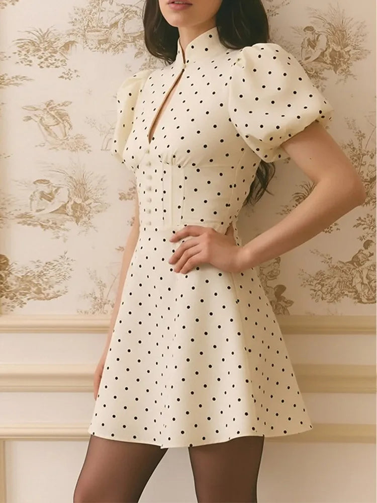 Elegant Women Beige Polka Dot Print Mini Dress Fashion Short Sleeve Dresses Evening Ladies Street Party Vestidos 2026 Summer