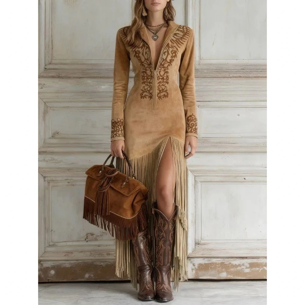 Elegant V-Collar Dress Woman Sexy Embroidered Floral Slim Tassel Dress Vintage Suede Long Sleeve Spring Autumn Dress 2026