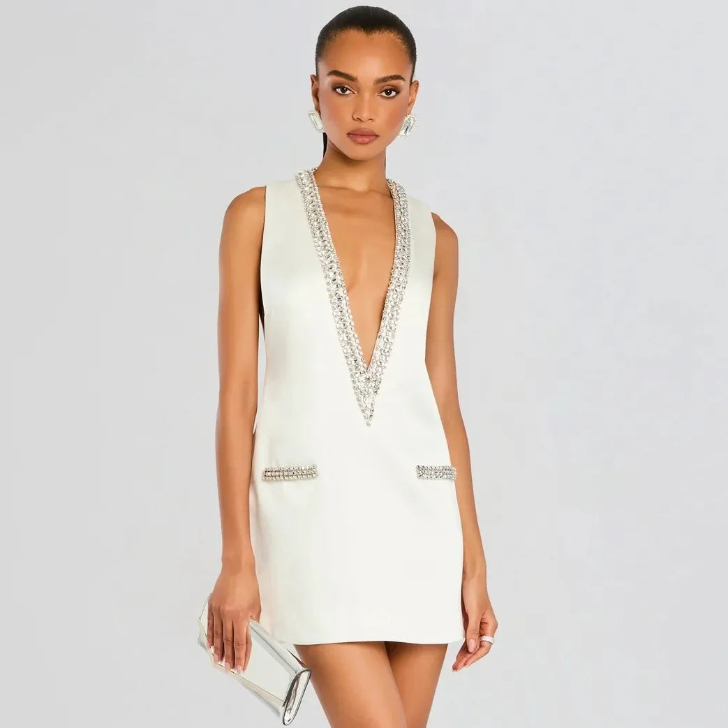 Elegant Women Luxury Formal Rhinestone V-Neck Mini Dress Fashion Sleeveless Evening Ladies Street Party Vestidos Spring Summer