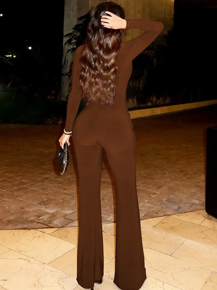 Solid Women Jumpsuits For Autumn Winter Long Sleeve V-Neck Loose Fashion Streetwear Overalls Wide Leg Pants Trousers 2025