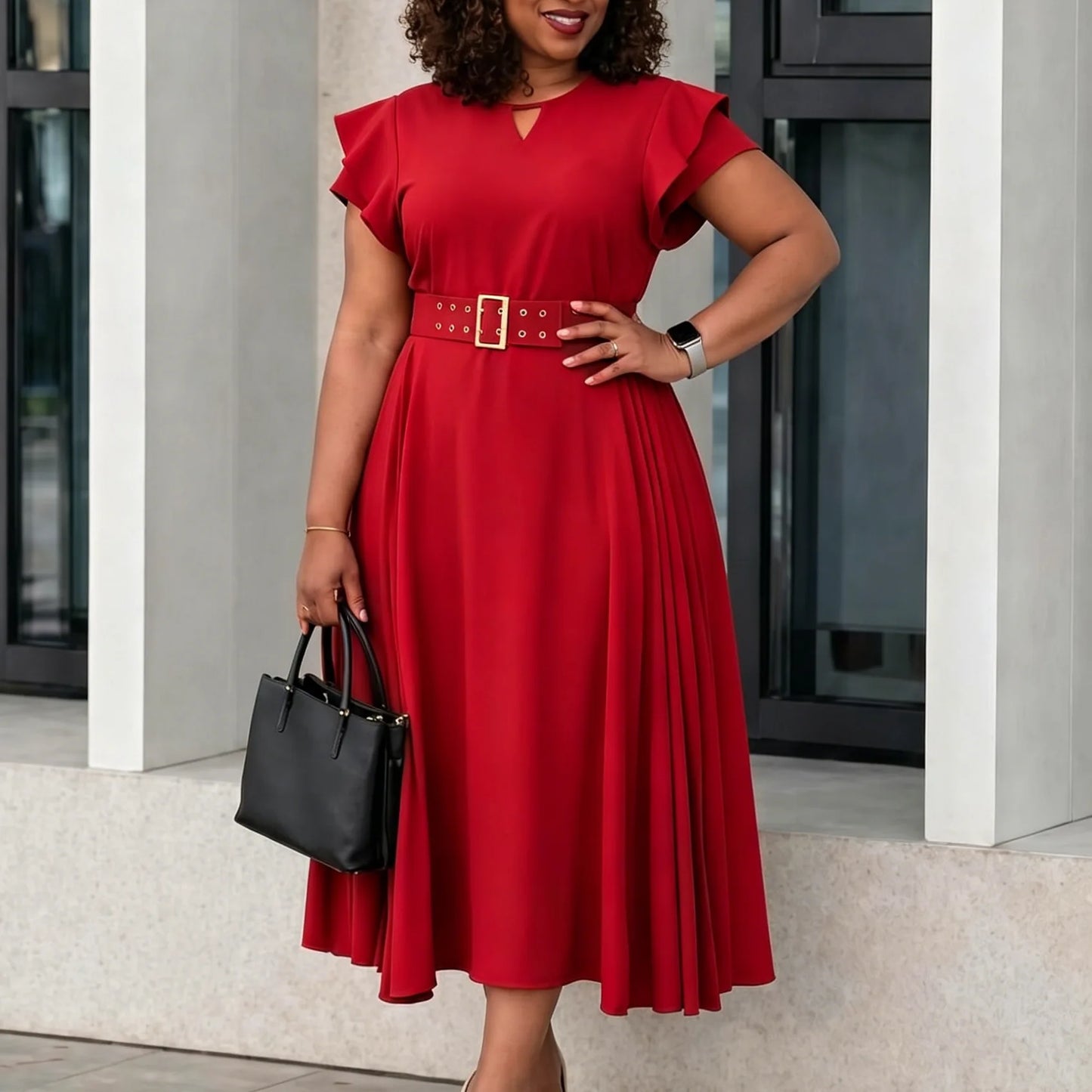 L-3XL Plus Size Elegant Midi Dress 2026 Summer Autumn Women Office Lady Dress Casual Short Sleeve Bandage Robe Oversize Dress