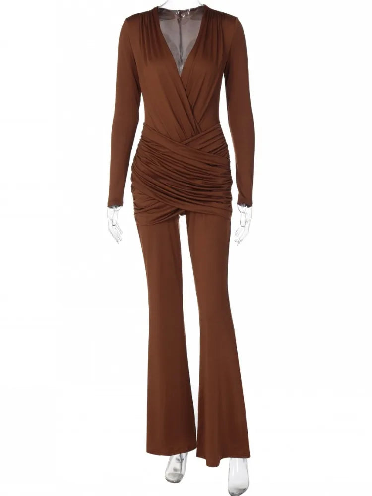 Solid Women Jumpsuits For Autumn Winter Long Sleeve V-Neck Loose Fashion Streetwear Overalls Wide Leg Pants Trousers 2025