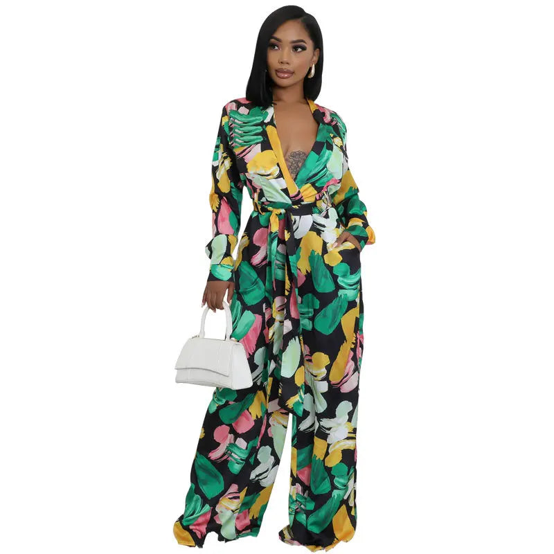 Women Jumpsuits For Autumn Long Sleeve Print Flower Loose Fashion Streetwear Overalls Wide Leg Pants Trousers 2025 Spring
