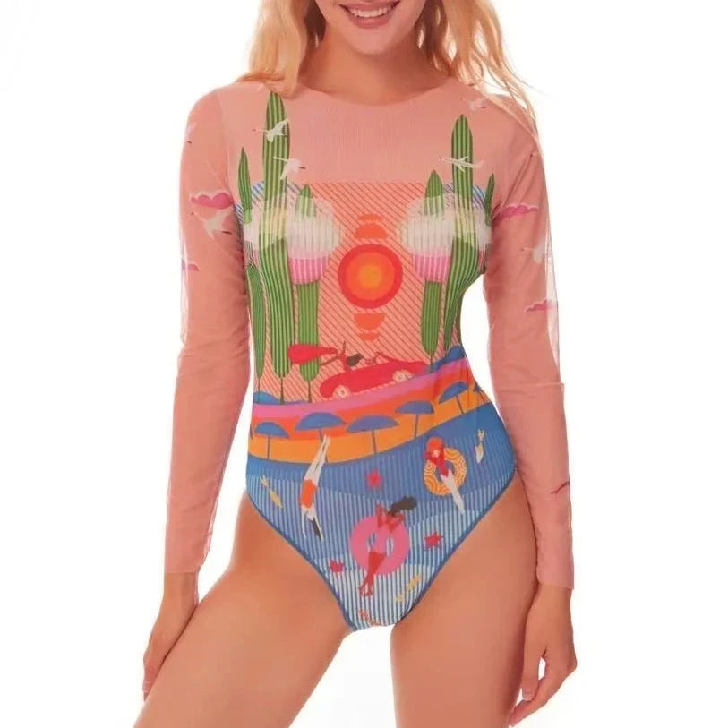Mesh High Waist Sexy Swimsuit Women Summer Bathing Suit Bikini Set Long Sleeve Swimwear Beach Swimming Suit For Female Купальник