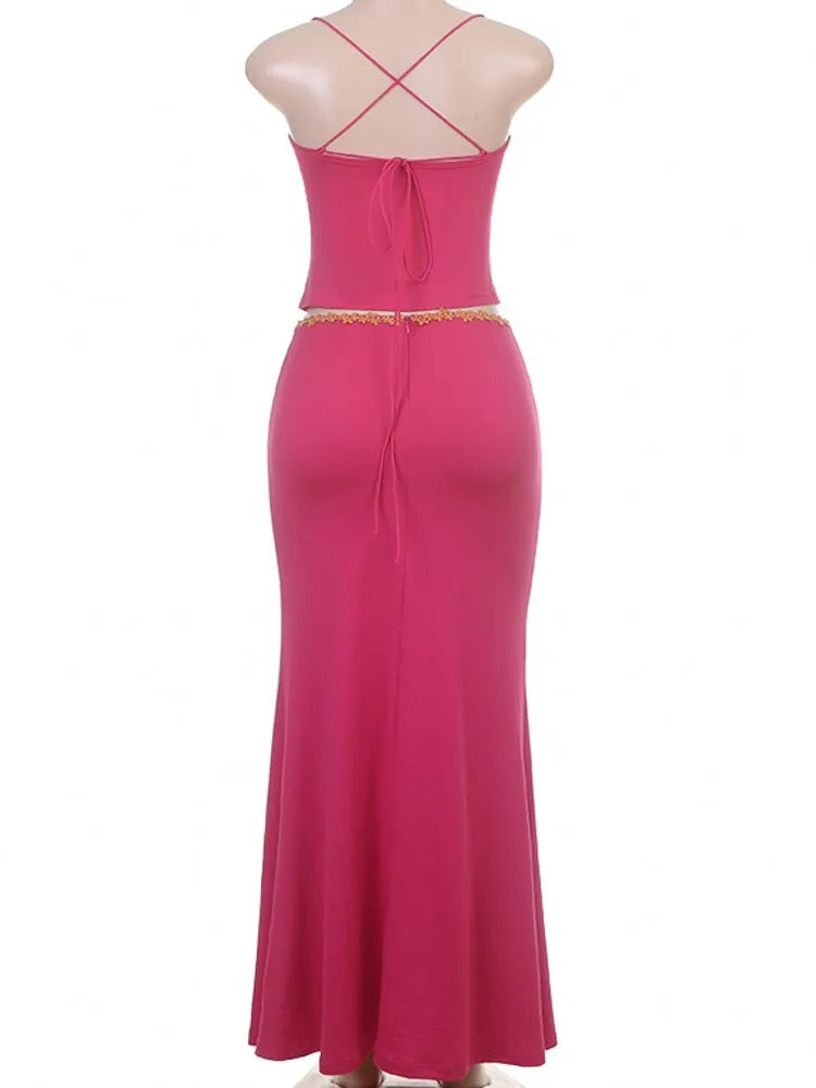 2 Piece Sets Tops And Skirt Elegant Women Sleeveless Sexy Long Maxi Dress Fashion Evening Ladies Street Party Vestidos Summer