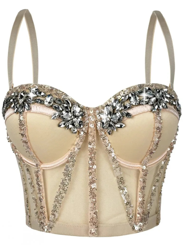 Rhinestones Female Corset Top Women Camis Nightclub Pearls Short Chest Binder Sexy Camisole Mujer Lingerie Tube Bra Debardeur