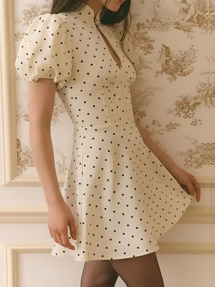 Elegant Women Beige Polka Dot Print Mini Dress Fashion Short Sleeve Dresses Evening Ladies Street Party Vestidos 2026 Summer
