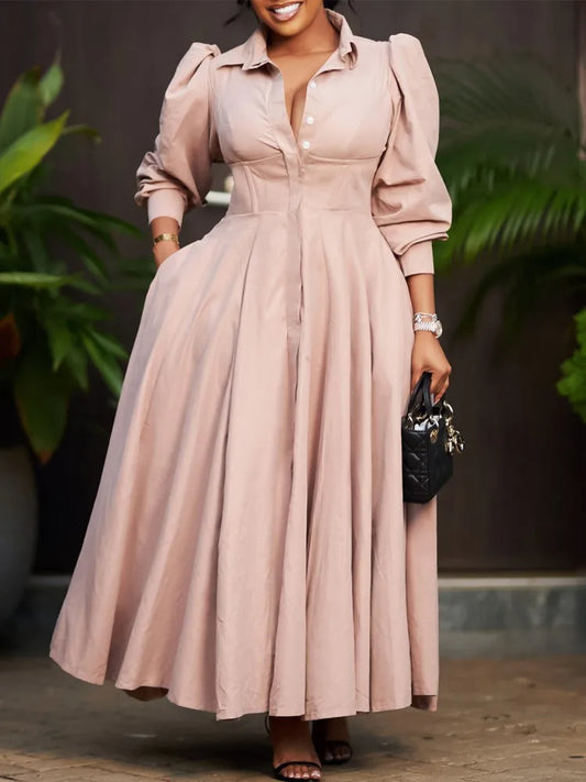 Women Spring Dress Ladies Casual Plus Size Slim Office Dress Retro Elegant V-Neck High Waist White Long Sleeve Party Dress