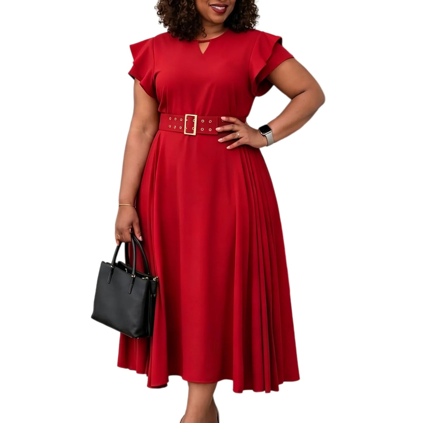L-3XL Plus Size Elegant Midi Dress 2026 Summer Autumn Women Office Lady Dress Casual Short Sleeve Bandage Robe Oversize Dress