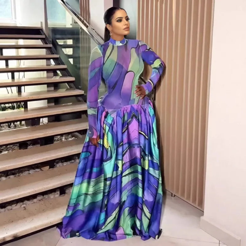 Elegant Women O-Neck Maxi Dress Fashion Long Sleeve Flower Print Dresses Evening Ladies Street Party Vestidos 2026 Summer Autumn