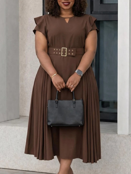L-3XL Plus Size Elegant Midi Dress 2026 Summer Autumn Women Office Lady Dress Casual Short Sleeve Bandage Robe Oversize Dress