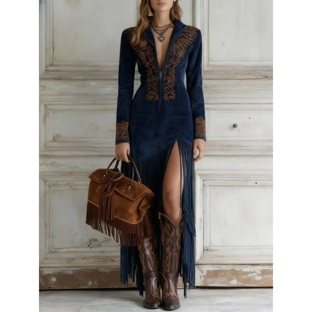 Elegant V-Collar Dress Woman Sexy Embroidered Floral Slim Tassel Dress Vintage Suede Long Sleeve Spring Autumn Dress 2026