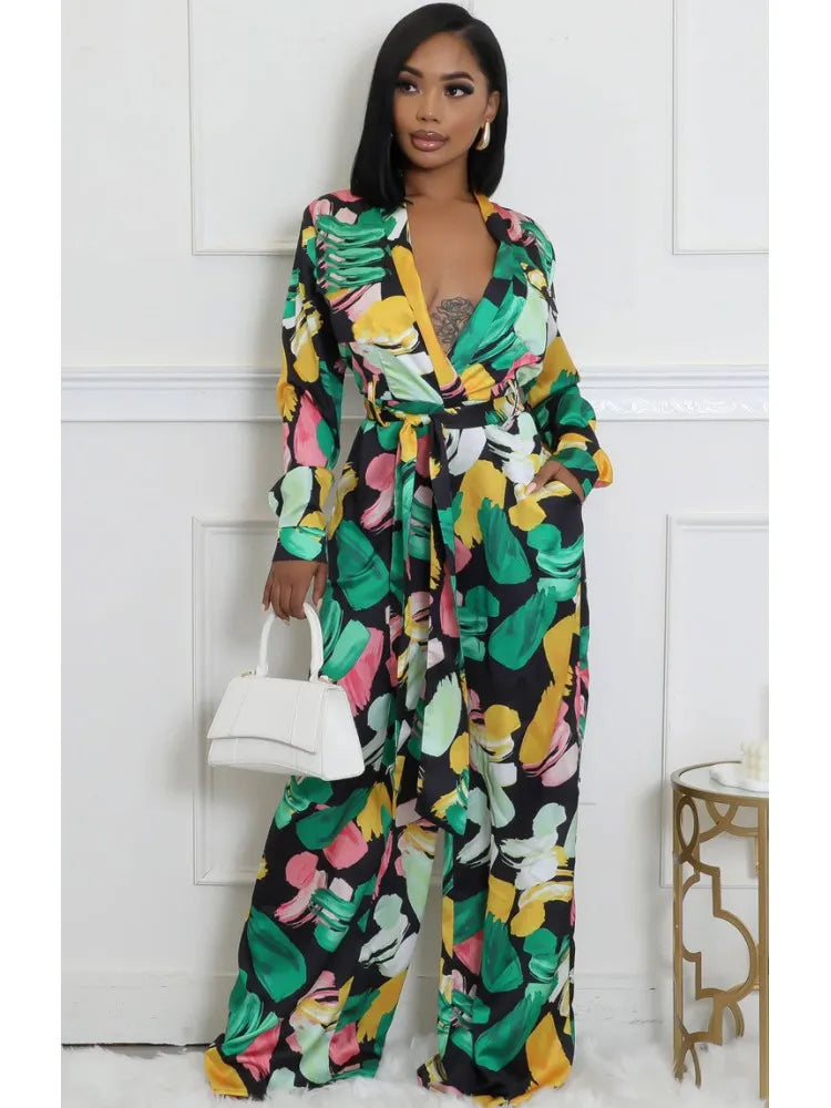 Women Jumpsuits For Autumn Long Sleeve Print Flower Loose Fashion Streetwear Overalls Wide Leg Pants Trousers 2025 Spring