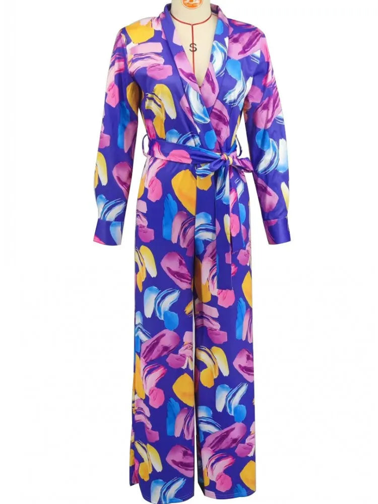 Women Jumpsuits For Autumn Long Sleeve Print Flower Loose Fashion Streetwear Overalls Wide Leg Pants Trousers 2025 Spring