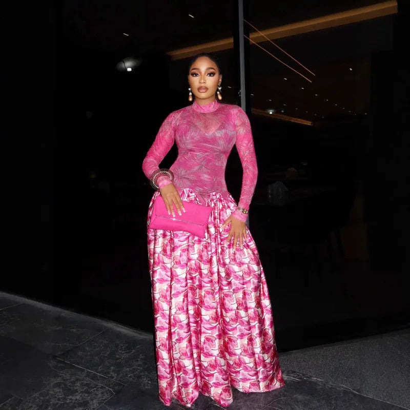 Elegant Women O-Neck Maxi Dress Fashion Long Sleeve Flower Print Dresses Evening Ladies Street Party Vestidos 2026 Summer Autumn