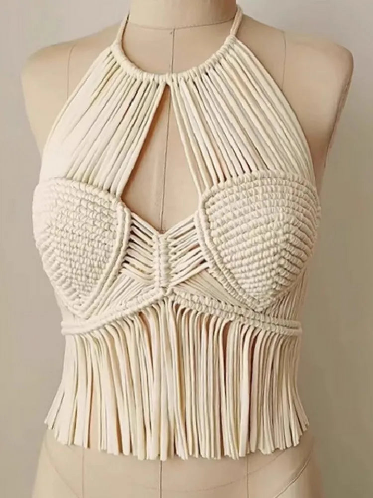Women's Boho Fringe Backless Halter Tie Neck Underwear Outerwear with Neck Hanging Embroidery Tassel Suspender Vest Short Tank