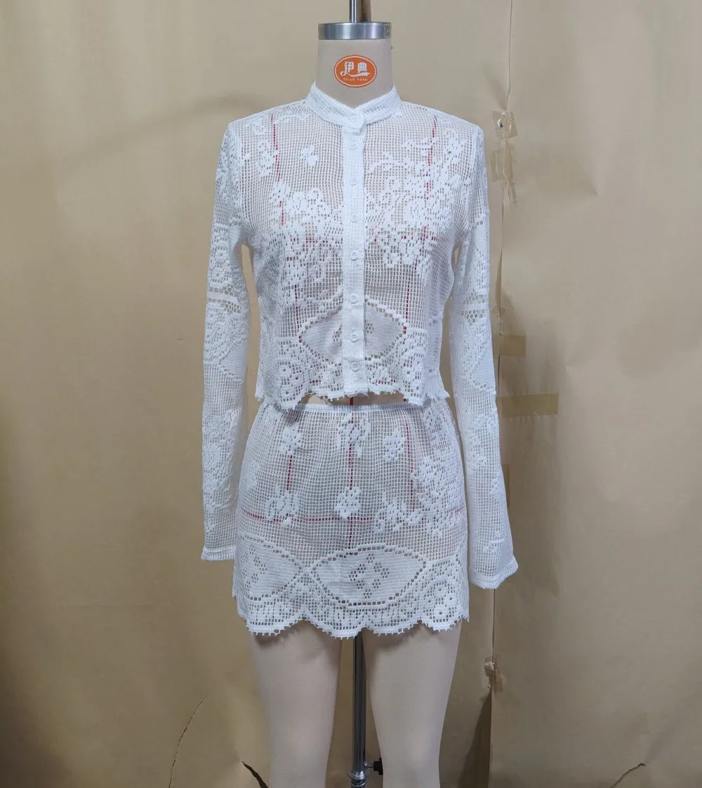 Solid Color Long Sleeve Crochet Knit 2 Pieces Suits Beach Cover Up Cover-ups Beach Shorts Beach Wear Beachwear Female Women