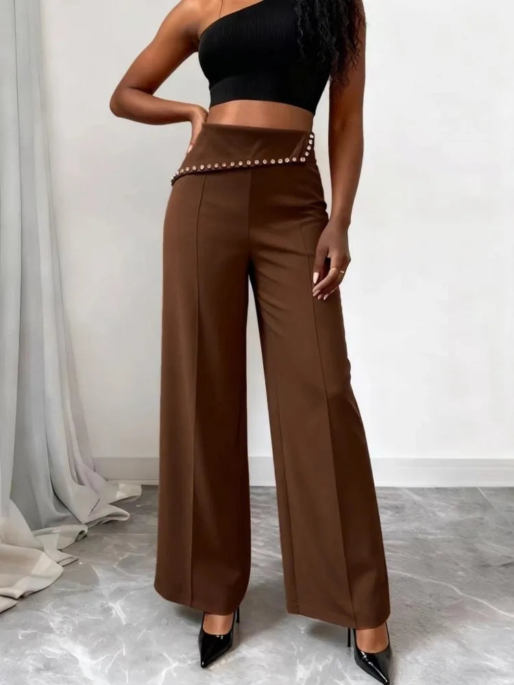 Women High Waist Wide Leg Pants Shiny Fuchsia Straight Pants Long Palazzo Casual Trendy Trousers 2026 Spring Autumn New