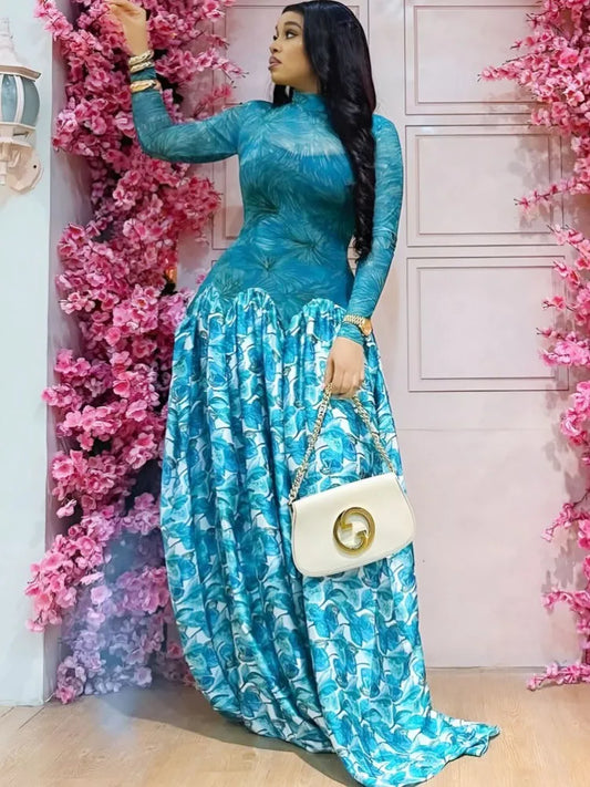 Elegant Women O-Neck Maxi Dress Fashion Long Sleeve Flower Print Dresses Evening Ladies Street Party Vestidos 2026 Summer Autumn
